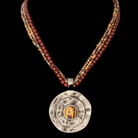 Premier Designs Tigers Eye Medallion Chunky Brown Silvertone Statement Necklace - Picture 3 of 9